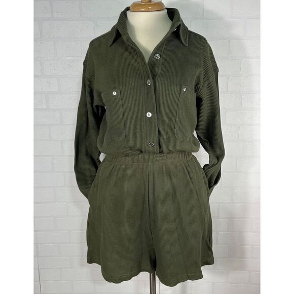 No Brand Pants - Morning side Womens Waffle Knit Romper Size Small Army Green Vintage Cotton Long